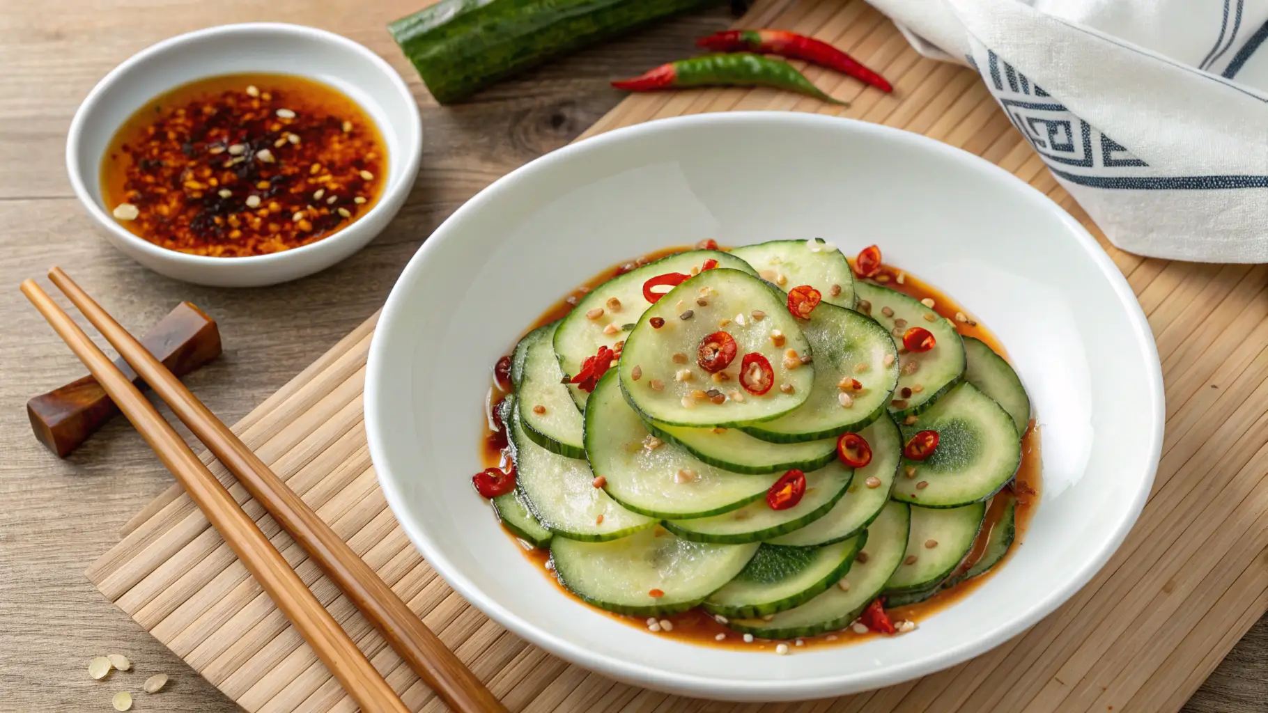 Close-up of a Din Tai Fung cucumber salad with chili oil and fresno chili garnish.