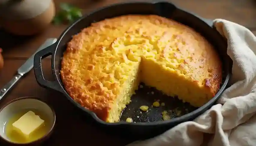 Golden-Southern-cornbread-in-a-cast-iron-skillet-with-butter-on-the-side