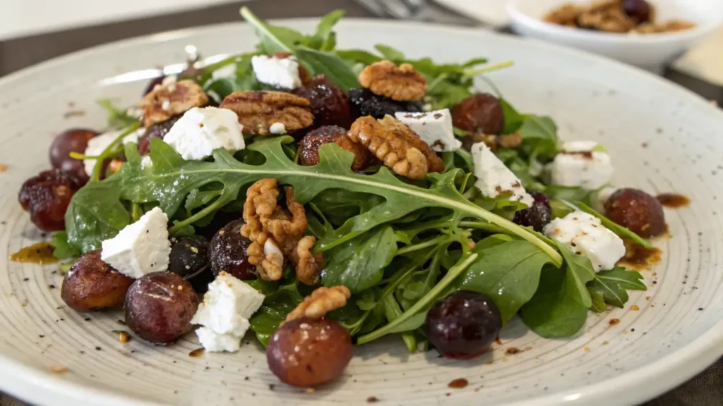 Salad with burnt grapes and goat cheese.