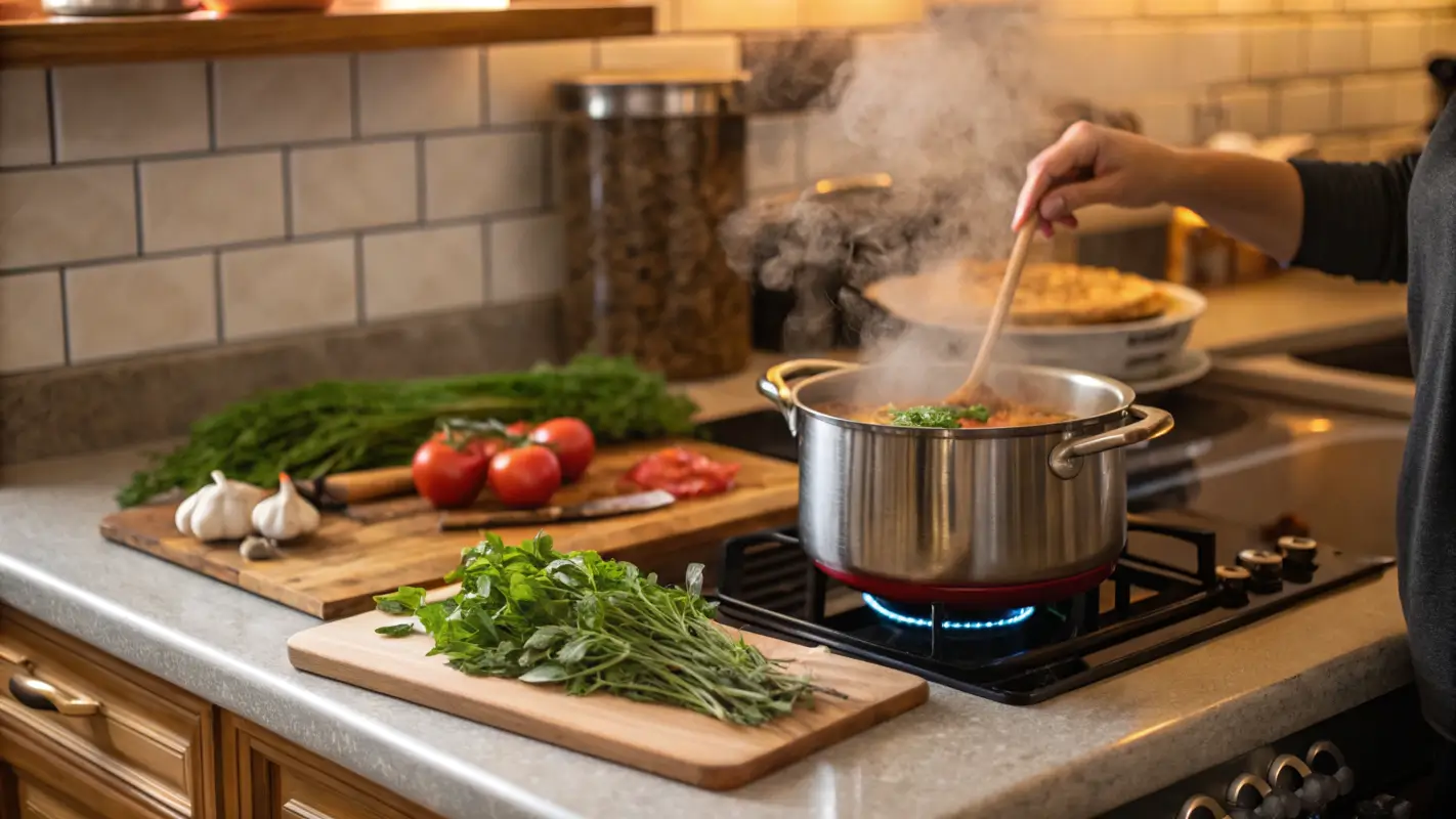 Cooking Techniques for Perfect Con Pollo Dishes A pot of simmering con pollo being stirred on a cozy kitchen stove