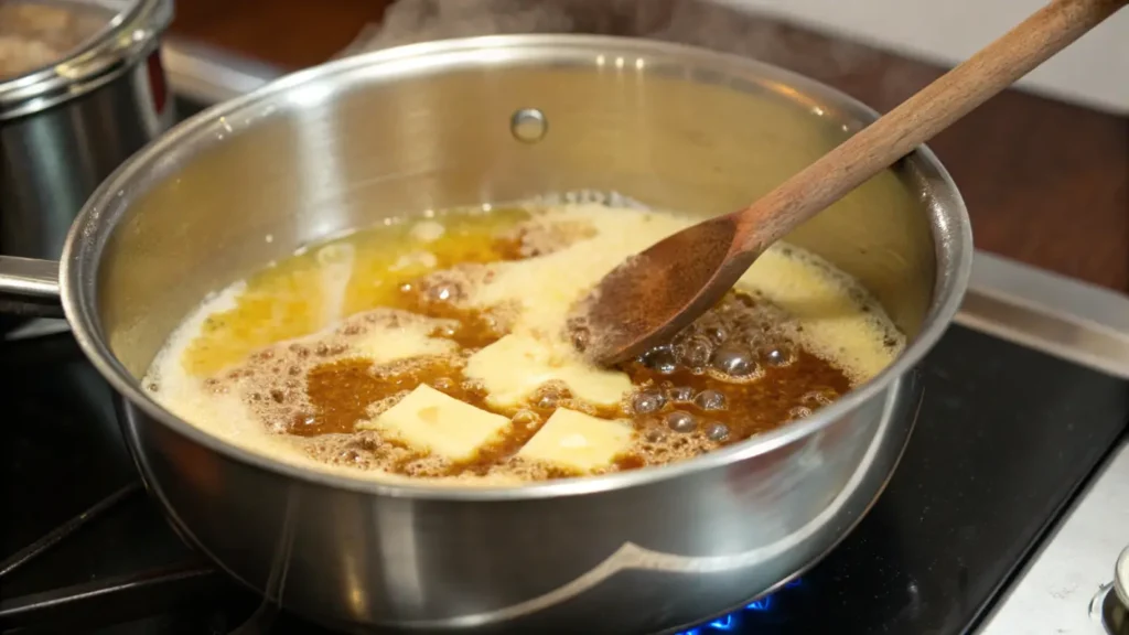 Caramel mixture in a saucepan being stirred.
