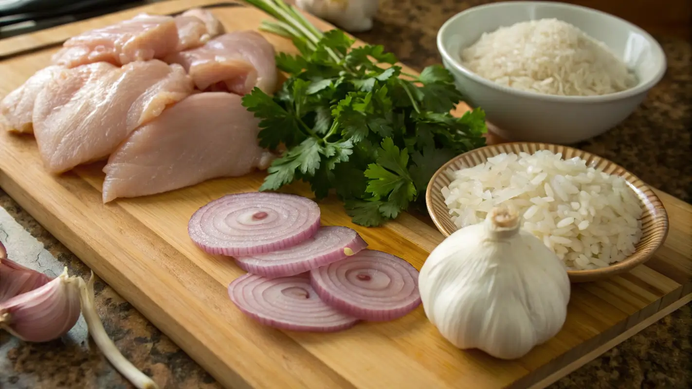 Essential Ingredients for Con Pollo Recipes A wooden cutting board with raw chicken, garlic, onions, rice, and fresh parsley