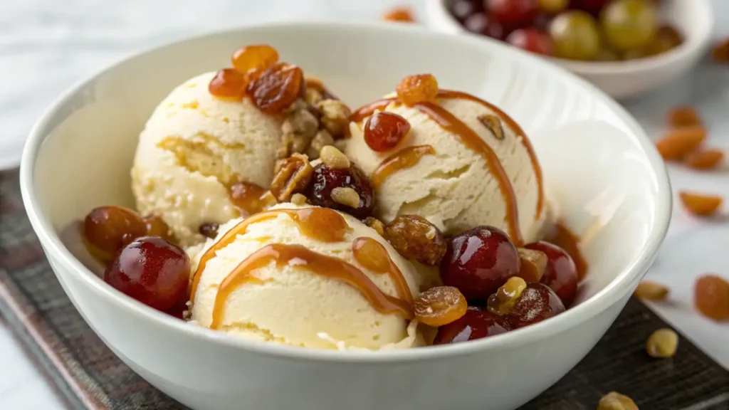 Ice cream with caramelized grapes topping.