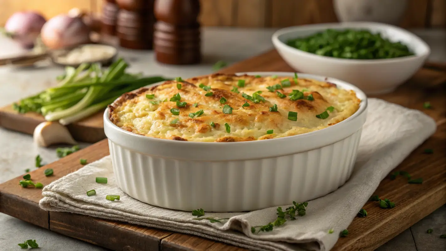 Onion Potato Casserole Paprika in a ceramic dish with chives.
