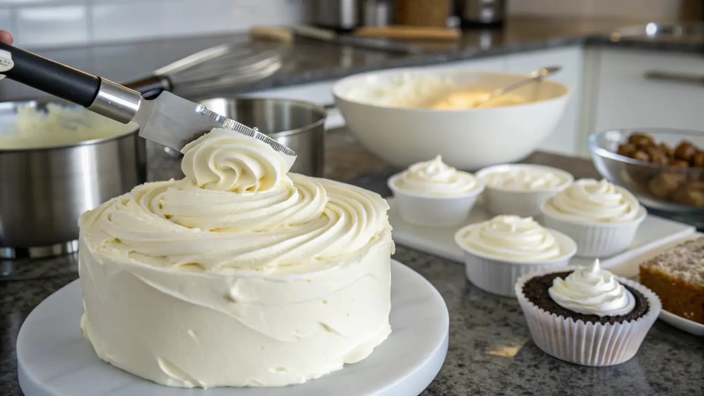 Creamy frosting swirled with a spatula.