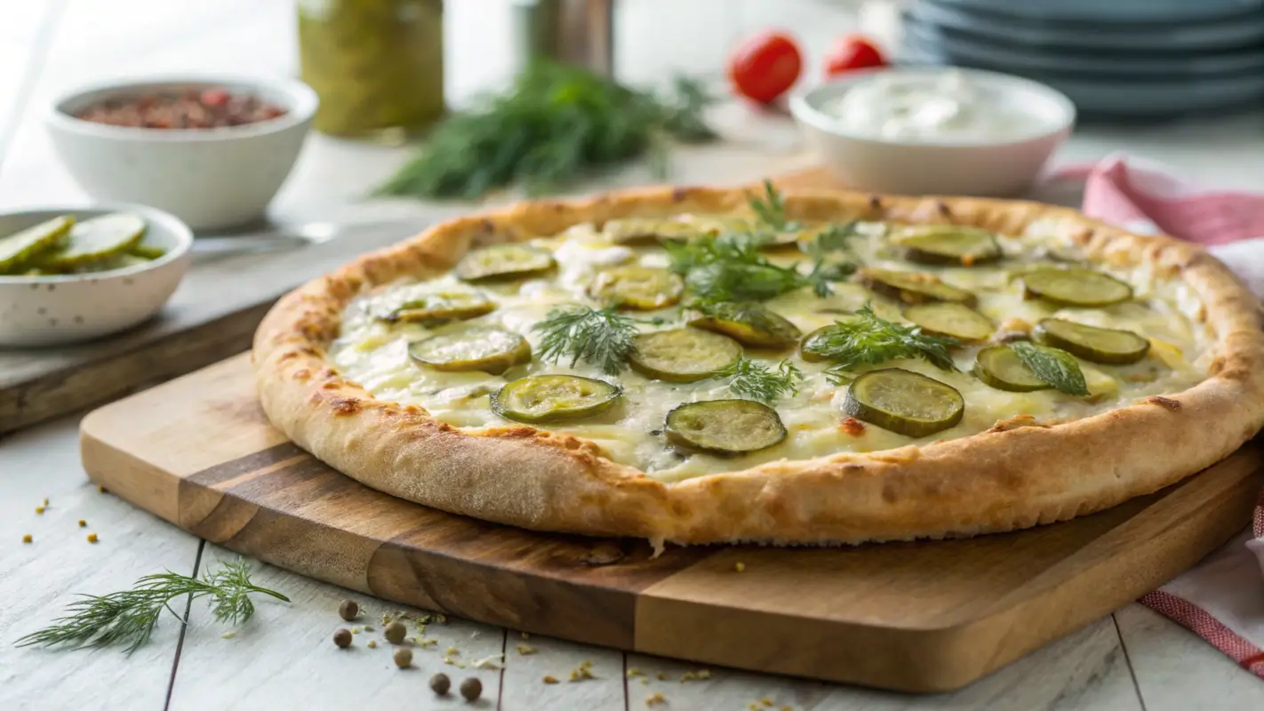 Pickle pie pizza with a golden crust, topped with dill pickle slices, melted mozzarella, and fresh dill on a wooden board.