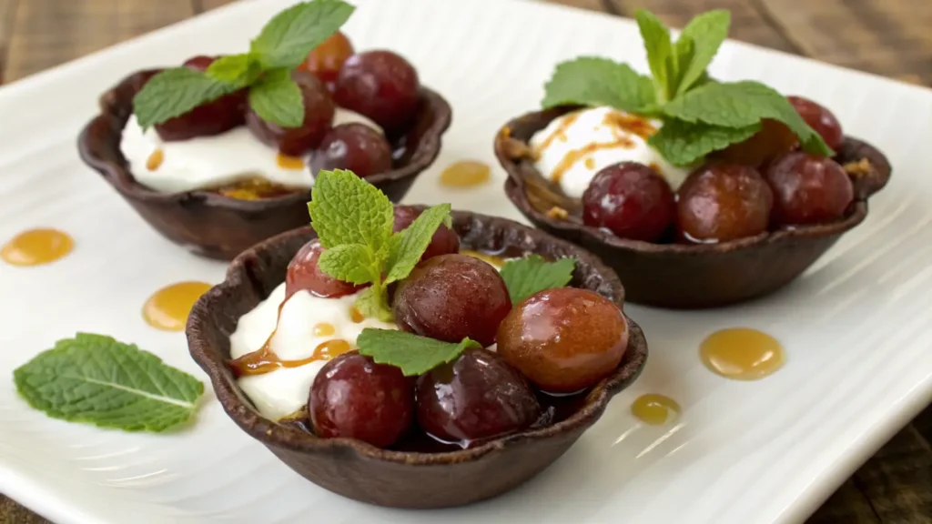 Plated sour cream burnt grapes dessert.