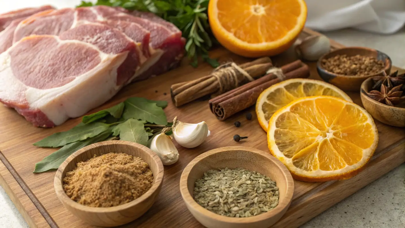 Essential Ingredients for the Perfect Carnitas A close-up of fresh carnitas ingredients: pork shoulder, spices, and citrus slices.