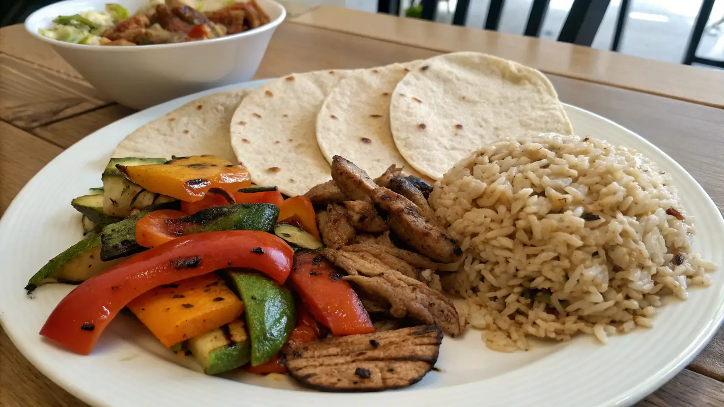 Smart Portion Control Enjoying Carnitas Without Overindulging A well-portioned plate of carnitas with grilled vegetables, brown rice, and whole grain tortillas